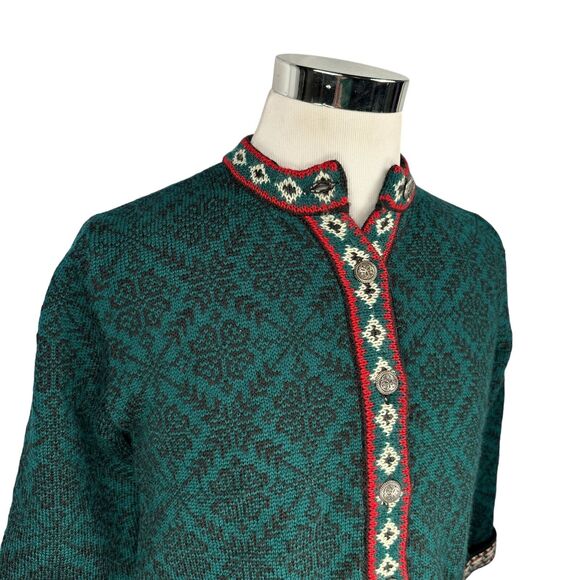 LL Bean Cardigan Sweater Women’s Small Green Nordic Fair Isle Merino Wool Knit - Picture 2 of 9
